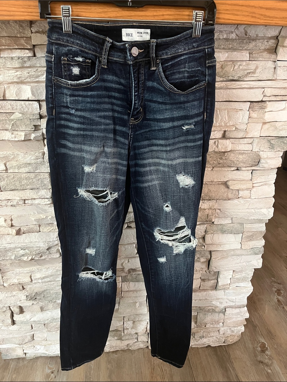 BKE Women's Ripped High Rise Mom Dark Blue Skinny Jeans